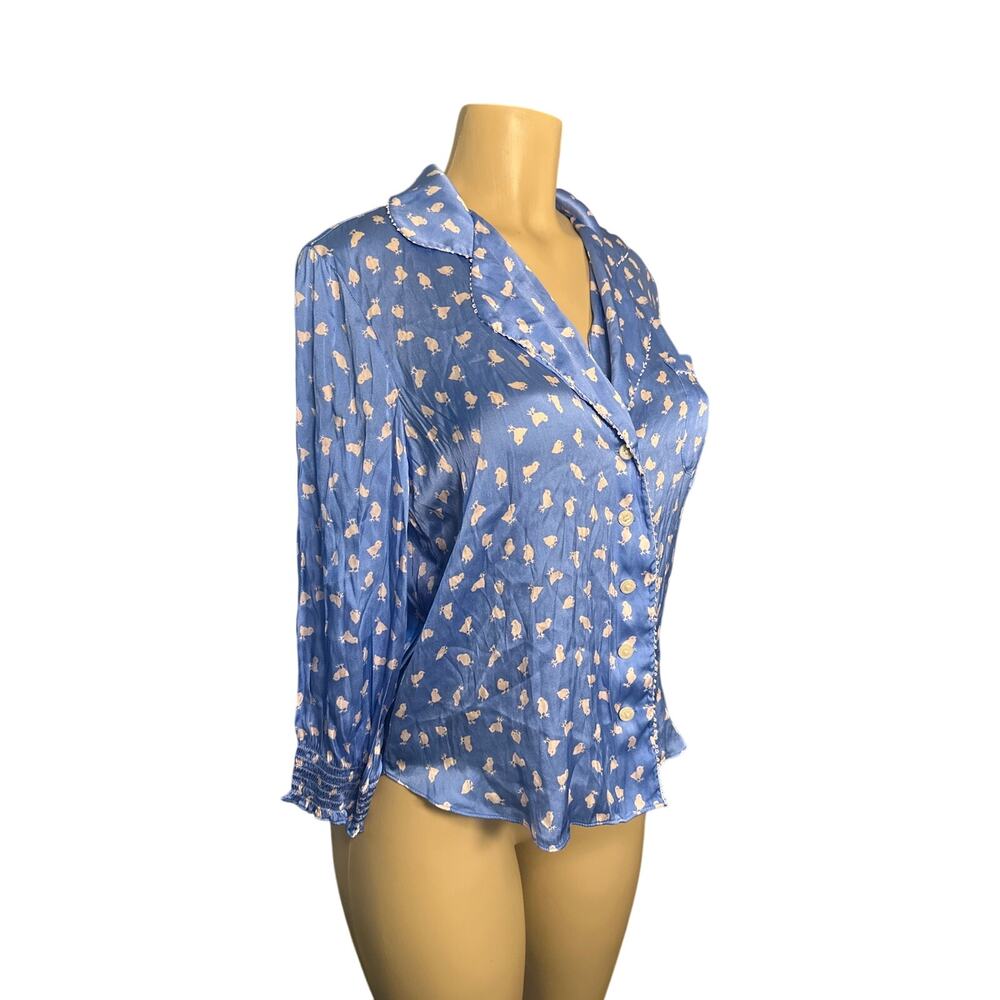 S P Morgan Lane Anais Chickadee Night Shirt Blue Bird Printed Blouse Top Silk